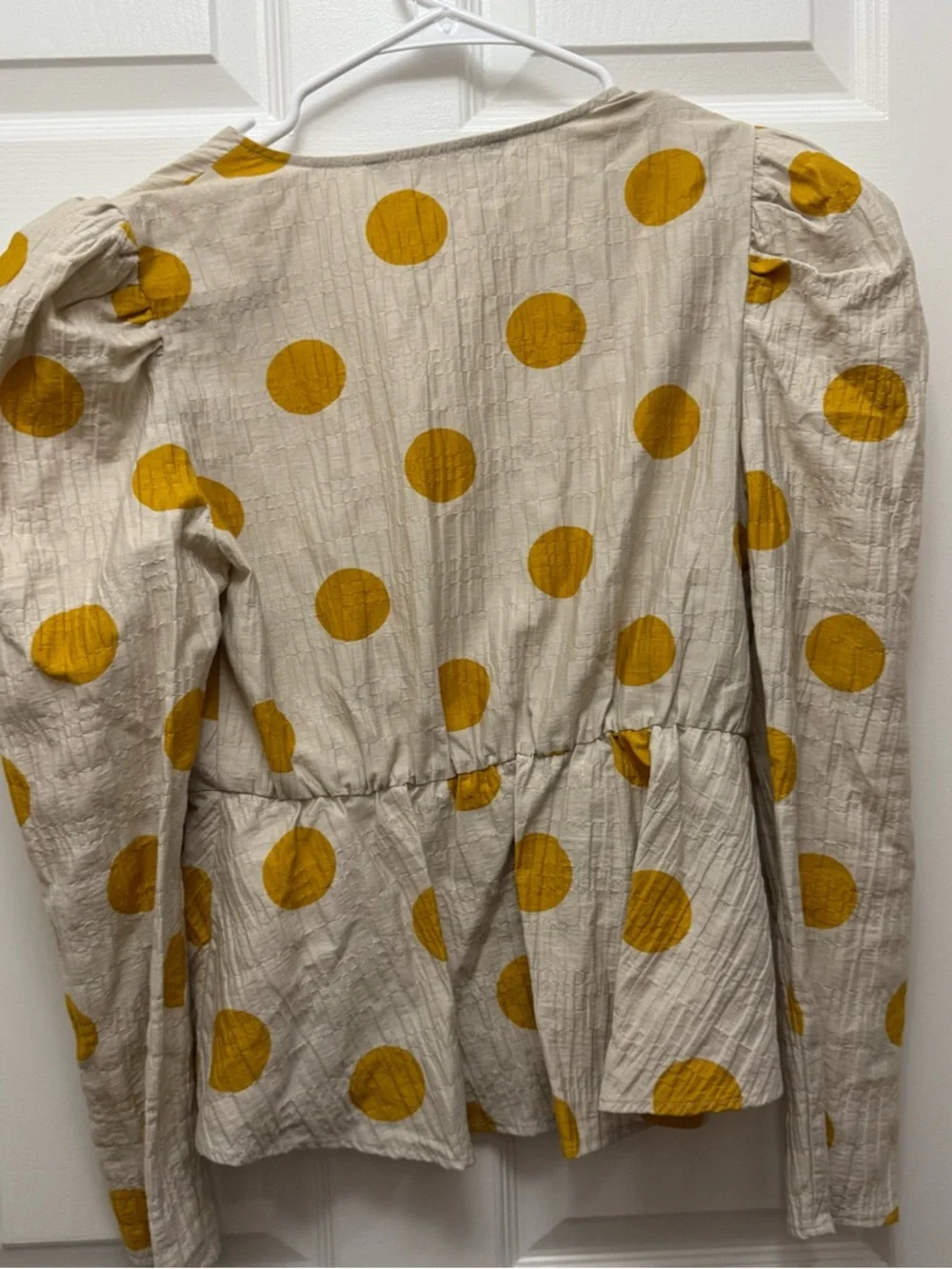 Zara White Blouse with Mustard Polka Dots and Puff Sleeves